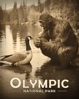 Bigfoot Talking to Canadian Goose - Olympic Souvenir Art Prints - 8"x10" Artwork for 11"x14" Frame