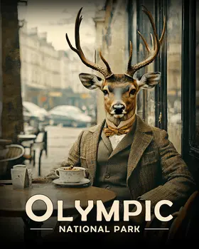 Buck Deer at Cafe - Olympic Souvenir Art Prints - 8"x10" Artwork for 11"x14" Frame