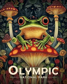 Frog on Mushroom - Olympic Souvenir Art Prints - 8"x10" Artwork for 11"x14" Frame