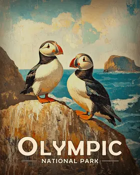 Vintage Puffins  - Olympic Souvenir Art Prints - 8"x10" Artwork for 11"x14" Frame
