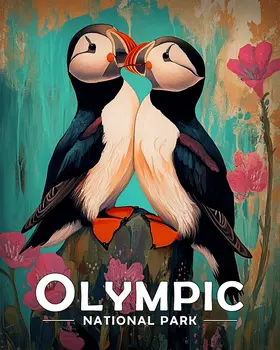 Folk Art Puffins - Olympic Souvenir Art Prints - 8"x10" Artwork for 11"x14" Frame