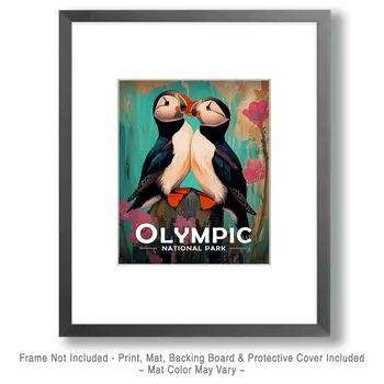 Folk Art Puffins - Olympic Souvenir Art Prints - 8"x10" Artwork for 11"x14" Frame