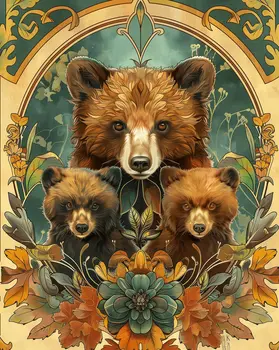 Bear and Cubs Art Nouveau - Animal Kingdom Wall Art Prints in Art Nouveau Style – 8″x10″ Artwork for 11″x14″ Frame