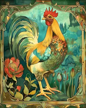 Art Nouveau Introspective Chicken - Animal Kingdom Wall Art Prints in Art Nouveau Style – 8″x10″ Artwork for 11″x14″ Frame