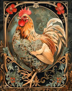 Art Nouveau Stylish Chicken - Animal Kingdom Wall Art Prints in Art Nouveau Style – 8″x10″ Artwork for 11″x14″ Frame
