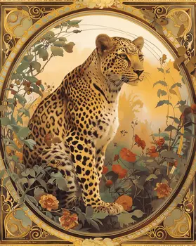 Art Nouveau Tiger in Flower Field - Animal Kingdom Wall Art Prints in Art Nouveau Style – 8″x10″ Artwork for 11″x14″ Frame