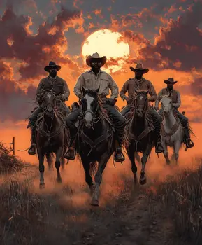 Cowboys Riding at Sunset - Cowboy Western Art Prints 8"x10" Artwork