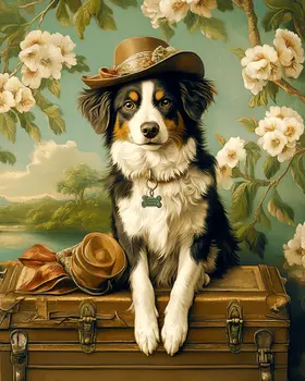 Australian Shepherd in Hat - Pet Dog Still Life Wall Art Prints – 8″x10″ Artwork for 11″x14″ Frame