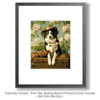 Australian Shepherd in Hat - Pet Dog Still Life Wall Art Prints – 8″x10″ Artwork for 11″x14″ Frame