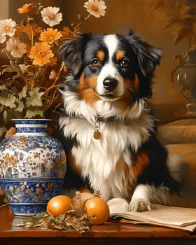 Australian Shepherd by Vase - Pet Dog Still Life Wall Art Prints – 8″x10″ Artwork for 11″x14″ Frame