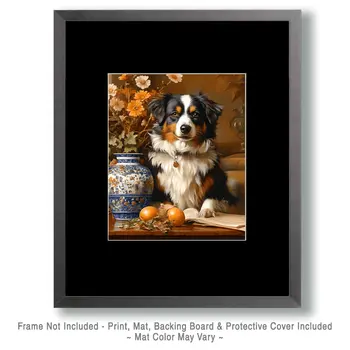 Australian Shepherd by Vase - Pet Dog Still Life Wall Art Prints – 8″x10″ Artwork for 11″x14″ Frame