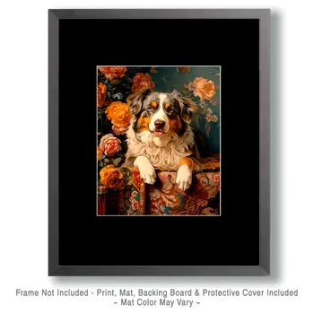 Floral Australian Shepherd - Pet Dog Still Life Wall Art Prints – 8″x10″ Artwork for 11″x14″ Frame