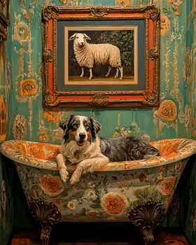 Australian Shepherd in Bathtub with Sheep Art - Pet Dog Still Life Wall Art Prints – 8″x10″ Artwork for 11″x14″ Frame