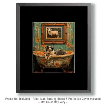 Australian Shepherd in Bathtub with Sheep Art - Pet Dog Still Life Wall Art Prints – 8″x10″ Artwork for 11″x14″ Frame