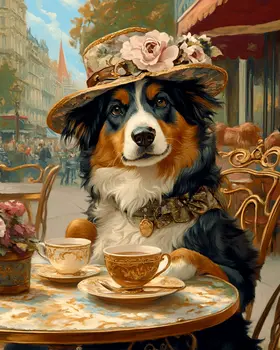 Australian Shepherd Having Tea - Pet Dog Still Life Wall Art Prints – 8″x10″ Artwork for 11″x14″ Frame