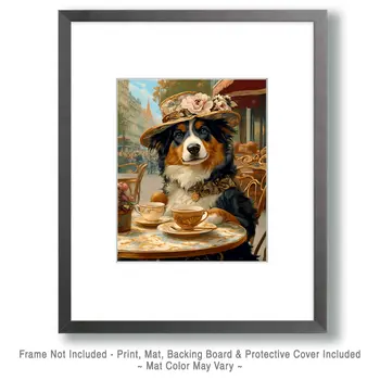 Australian Shepherd Having Tea - Pet Dog Still Life Wall Art Prints – 8″x10″ Artwork for 11″x14″ Frame