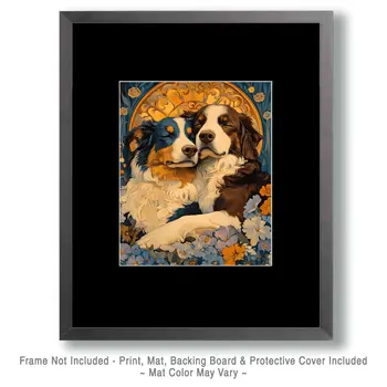 Nouveau Australian Shepherds in Love - Pet Dog Still Life Wall Art Prints – 8″x10″ Artwork for 11″x14″ Frame