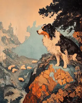 Vintage Australian Shepherd - Pet Dog Still Life Wall Art Prints – 8″x10″ Artwork for 11″x14″ Frame