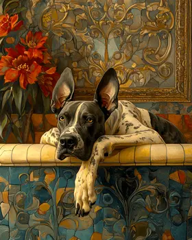 Harlequin Great Dane in Bathtub - Pet Dog Still Life Wall Art Prints – 8″x10″ Artwork for 11″x14″ Frame