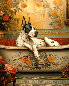 Great Dane in Bathtub - Pet Dog Still Life Wall Art Prints – 8″x10″ Artwork for 11″x14″ Frame