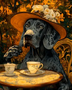 Great Dane Having Tea - Pet Dog Still Life Wall Art Prints – 8″x10″ Artwork for 11″x14″ Frame