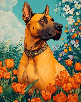 Great Dane Among Tulips - Pet Dog Still Life Wall Art Prints – 8″x10″ Artwork for 11″x14″ Frame