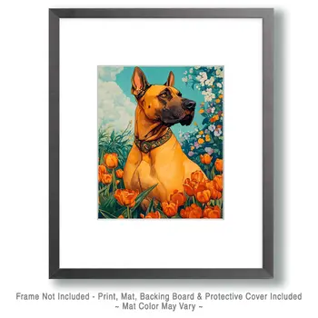 Great Dane Among Tulips - Pet Dog Still Life Wall Art Prints – 8″x10″ Artwork for 11″x14″ Frame