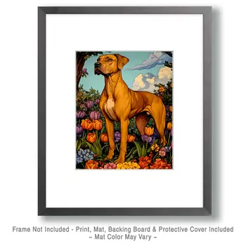 Great Dane in Tulip Garden - Pet Dog Still Life Wall Art Prints – 8″x10″ Artwork for 11″x14″ Frame