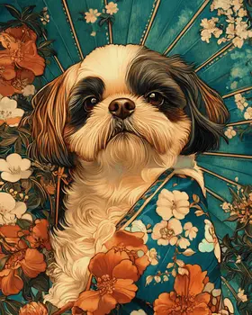 Kimono Shih Tzu - Pet Dog Still Life Wall Art Prints – 8″x10″ Artwork for 11″x14″ Frame