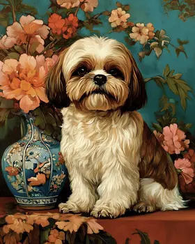 Shih Tzu by Vase - Pet Dog Still Life Wall Art Prints – 8″x10″ Artwork for 11″x14″ Frame