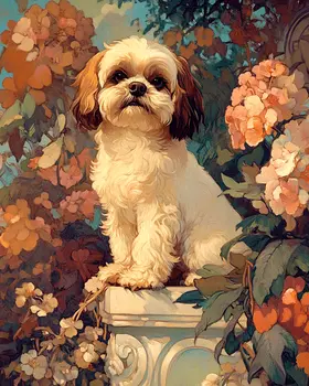 Shih Tzu on Pedestal - Pet Dog Still Life Wall Art Prints – 8″x10″ Artwork for 11″x14″ Frame