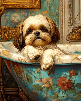 Shih Tzu in Bathtub - Pet Dog Still Life Wall Art Prints – 8″x10″ Artwork for 11″x14″ Frame