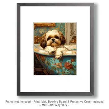 Shih Tzu in Bathtub - Pet Dog Still Life Wall Art Prints – 8″x10″ Artwork for 11″x14″ Frame
