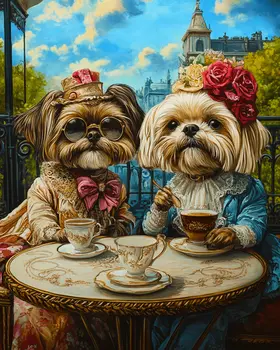 A Couple of Shih Tzus Having Tea - Pet Dog Still Life Wall Art Prints – 8″x10″ Artwork for 11″x14″ Frame