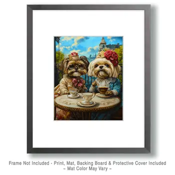 A Couple of Shih Tzus Having Tea - Pet Dog Still Life Wall Art Prints – 8″x10″ Artwork for 11″x14″ Frame