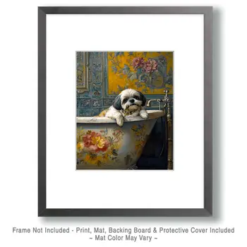 Shih Tzus Taking a Bath - Pet Dog Still Life Wall Art Prints – 8″x10″ Artwork for 11″x14″ Frame