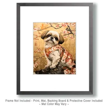 Cherry Blossom Shih Tzu - Pet Dog Still Life Wall Art Prints – 8″x10″ Artwork for 11″x14″ Frame