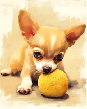 Chihuahua Puppy with Ball - Pet Dog Still Life Wall Art Prints – 8″x10″ Artwork for 11″x14″ Frame
