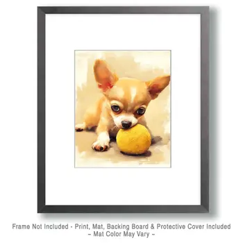 Chihuahua Puppy with Ball - Pet Dog Still Life Wall Art Prints – 8″x10″ Artwork for 11″x14″ Frame