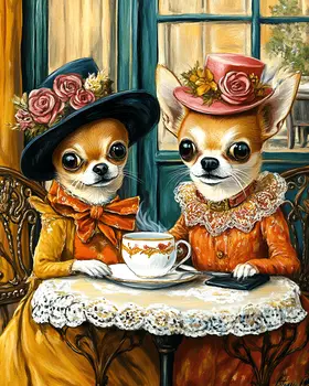 Chihuahuas Having Tea - Pet Dog Still Life Wall Art Prints – 8″x10″ Artwork for 11″x14″ Frame