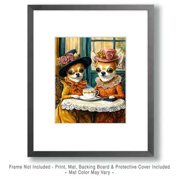 Chihuahuas Having Tea - Pet Dog Still Life Wall Art Prints – 8″x10″ Artwork for 11″x14″ Frame