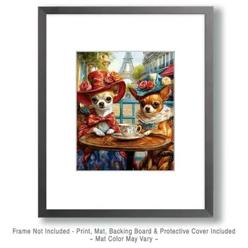 Chihuahuas at a Paris Cafe - Pet Dog Still Life Wall Art Prints – 8″x10″ Artwork for 11″x14″ Frame