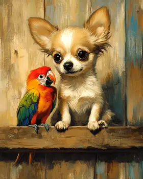 Parrot with Chihuahua Puppy - Pet Dog Still Life Wall Art Prints – 8″x10″ Artwork for 11″x14″ Frame