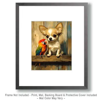 Parrot with Chihuahua Puppy - Pet Dog Still Life Wall Art Prints – 8″x10″ Artwork for 11″x14″ Frame