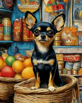 Chihuahua at Market - Pet Dog Still Life Wall Art Prints – 8″x10″ Artwork for 11″x14″ Frame