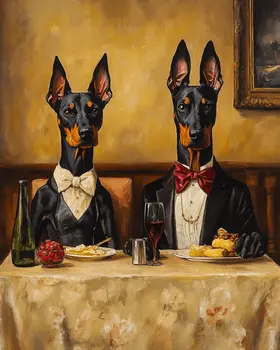 Doberman Pinschers at Dinner - Pet Dog Still Life Wall Art Prints – 8″x10″ Artwork for 11″x14″ Frame