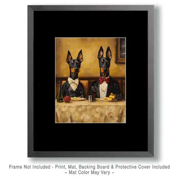 Doberman Pinschers at Dinner - Pet Dog Still Life Wall Art Prints – 8″x10″ Artwork for 11″x14″ Frame