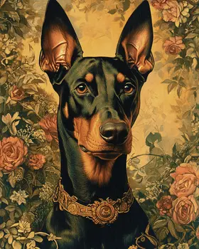 Doberman Pinscher Floral - Pet Dog Still Life Wall Art Prints – 8″x10″ Artwork for 11″x14″ Frame