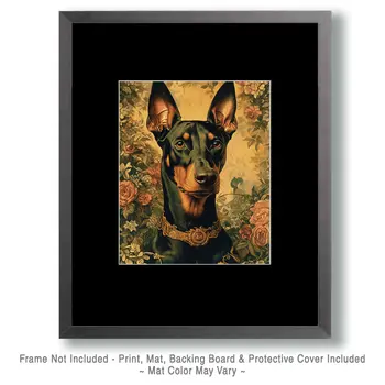 Doberman Pinscher Floral - Pet Dog Still Life Wall Art Prints – 8″x10″ Artwork for 11″x14″ Frame