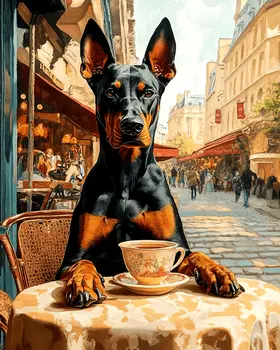 Doberman Pinscher Having Tea - Pet Dog Still Life Wall Art Prints – 8″x10″ Artwork for 11″x14″ Frame